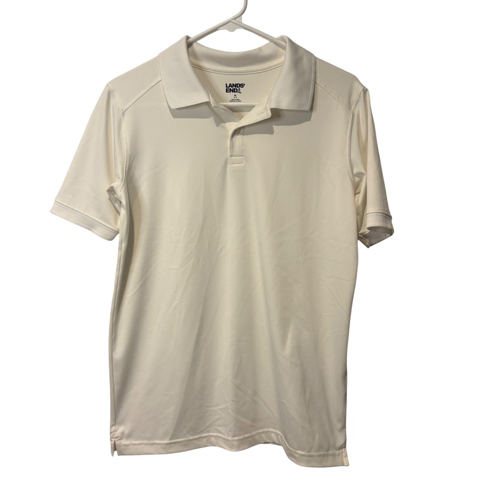 Lands End Polo Shirt Kids XL 14-16 White Short Sleeve Performance Mesh Collar